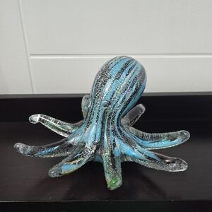 Glass Octopus Sculpture Paperweight Blue and Black